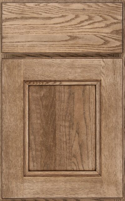 Cappuccino with Burnt Sienna Glaze & Highlight on oak with Slab drawer front